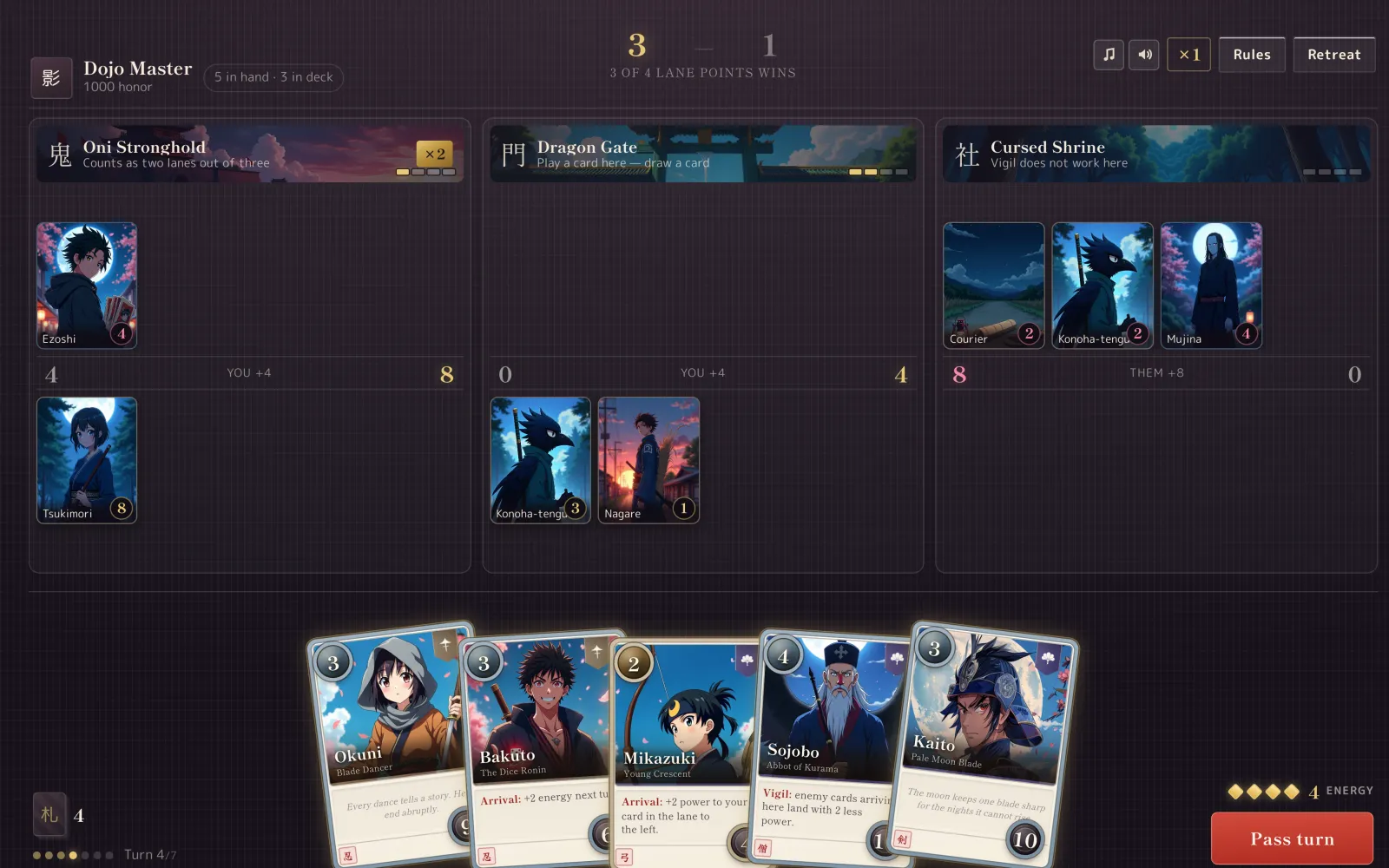 A duel in progress: three lanes with their own rules, the enemy’s cards face up, a hand of five and four energy left on turn four of seven.